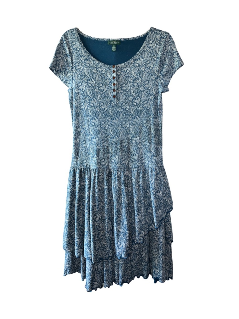 Ralph Lauren Jeans Co Paisley Tiered Drop Waist Dress Blue Cream Cotton Medium